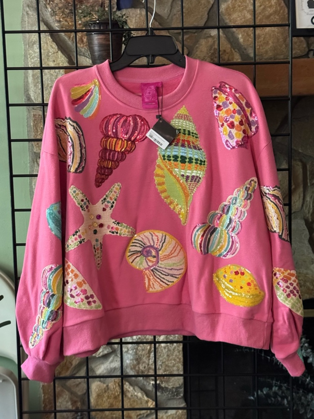 QUEEN OF SPARKLES Bright Pink Embroidered Seashells Crewneck Sweater
